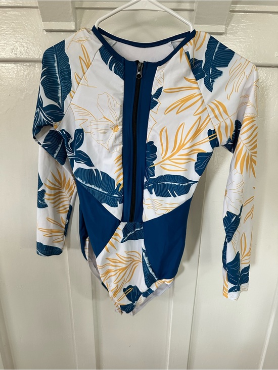 Other - Women’s Long Sleeve Zip Front One-Piece Swimsuit - Blue/White/Yellow